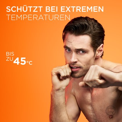 Ein Mann in sportlicher Pose mit dem Text „Schützt bei extremen Temperaturen bis zu 45°C“.