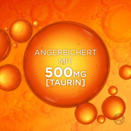 Orangefarbene Gel-Bläschen mit dem Text „Angereichert mit 500mg Taurin“.