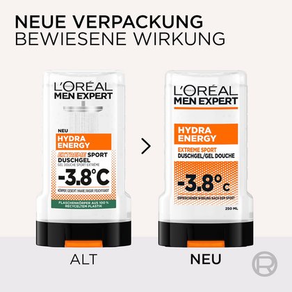 Vergleich des alten und neuen Flaschendesigns des Hydra Energy Extreme Sport Duschgels.