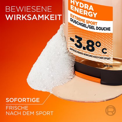 Ein Klecks Duschgel und weißer Schaum im Detail mit dem Text „Sofortige Frische nach dem Sport“.