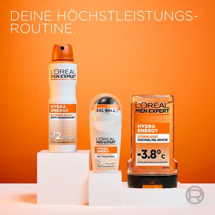 Routine-Set aus Hydra Energy Extreme Sport Deospray, Deoroller und Duschgel.