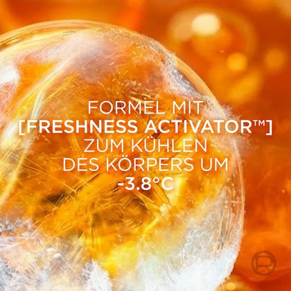 Eine gefrorene Eiskugel im Detail mit dem Text „Formel mit Freshness Activator zum Kühlen des Körpers um -3,8°C“.