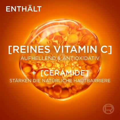Wissenschaftlich fundiert: Reines Vitamin C (aufhellend, antioxidativ) & Ceramide stärken die natürliche Hautbarriere.