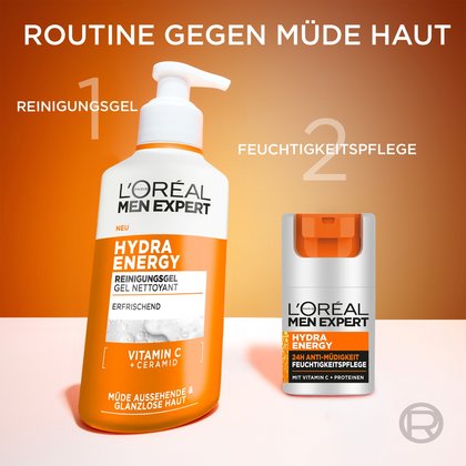 Hydra Energy Routine: Reinigungsgel & 24h Feuchtigkeitspflege bekämpfen Müdigkeit für revitalisierte Haut.