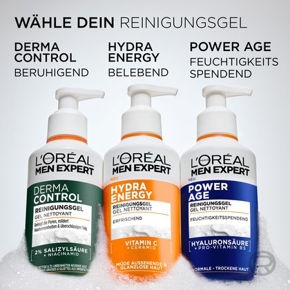 Trio Reinigungsgel: Derma Control (beruhigend), Hydra Energy (belebend), Power Age (feuchtigkeitsspendend) für Männerhaut.
