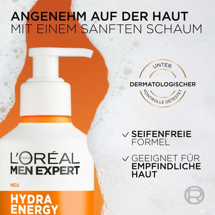 Sanfter Reinigungsschaum, seifenfrei. Angenehm auf der Haut, ideal für empfindliche Haut.