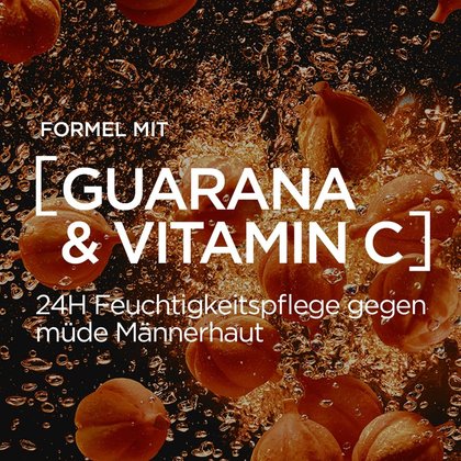 Formel mit Guarana & Vitamin C für 24H Feuchtigkeitspflege gegen müde Männerhaut