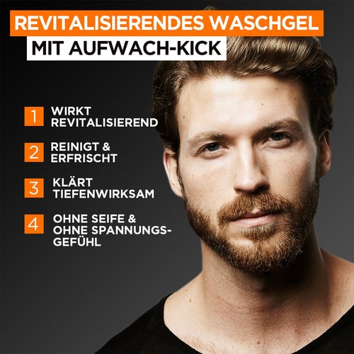 Junger Mann mit Vollbart, daneben Text: Revitalisierendes Waschgel mit Aufwach-Kick