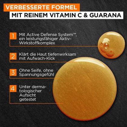 2 Produktproben auf dunklem Grund, daneben Text: verbesserte Formel mit reinem Vitamin C & Guarana, 4 Produktvorteile