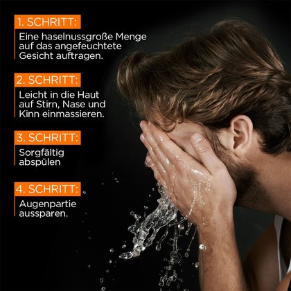 Junger Man spült sich sein Gesicht ab, daneben 4 Schritt Anwendungsanleitung