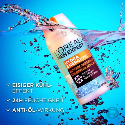 Hydra Energy Kühlendes Gel Anti-Glanz - Produkt im Wasser von Luftblasen umgeben vor blauem Hintergrund