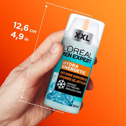 Hydra Energy Kühlendes Gel Anti-Glanz - Produkt in einer Hand liegend mit Maßangaben