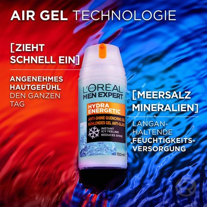 Hydra Energy Kühlendes Gel Anti-Glanz - Produkt vor rot & blau gefärbter Wasserfläche mit Produktvorteilen daneben