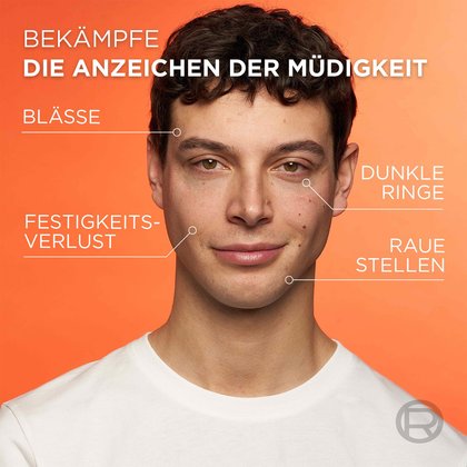 Ein junger Mann vor orangenem Hintergrund mit einigen Produkteigenschaften rechts und links aufgelistet