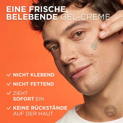 Ein junger Mann trägt das Gel auf seine Wange auf daneben Produktvorteile in einer Liste