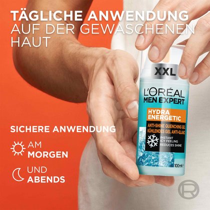 Das Produkt wird von einem Mann mit den Händen gehalten und daneben Hinweis zur täglichen Anwendung morgens und abends