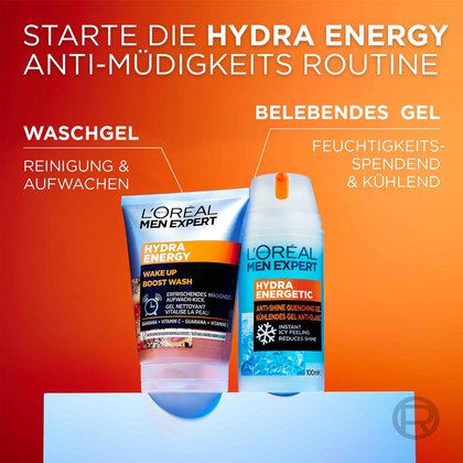 Hydra Energy Anti-Müdigkeits Routine mit Produktabbildungen von Waschgel und Belebendem Gel