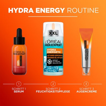 Hydra Energy Routine mit verschiedenen Produkten aus der Produktreihe auf orangenem Hintergrund