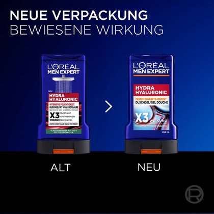 Vergleich neue und alte Verpackung des Men Expert Wake Up Effect Duschgels