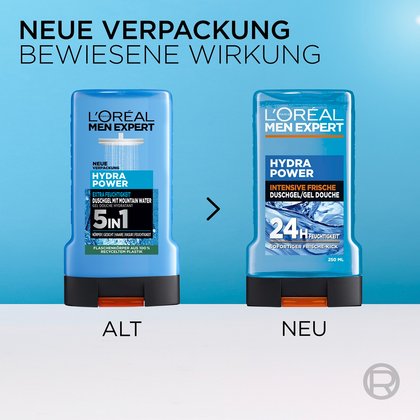 Vergleich des alten und neuen Flaschendesigns des Hydra Power Duschgels.