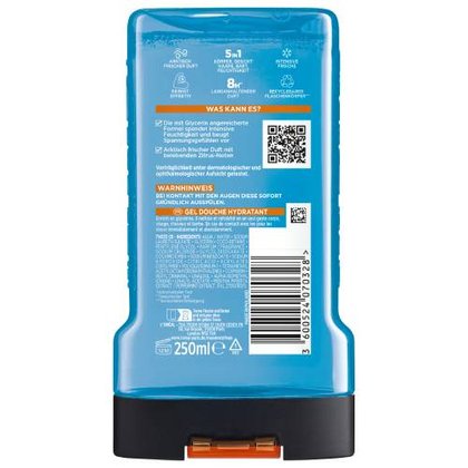 Rückseite der Hydra Power 250 ml Duschgelflasche mit Inhaltsstoffen und Barcode.