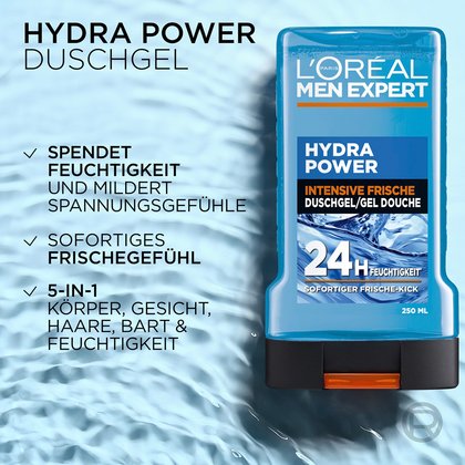 Hydra Power Duschgelflasche vor welligem Wasserhintergrund mit den Produktvorteilen.