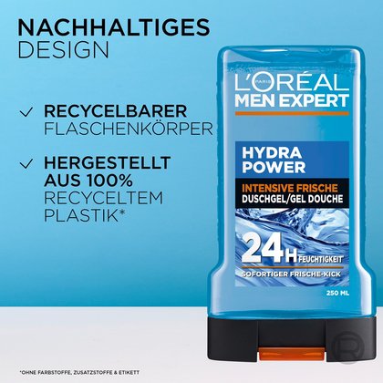 Hydra Power Duschgel mit Hinweisen zum nachhaltigen, recycelbaren Flaschenkörper.