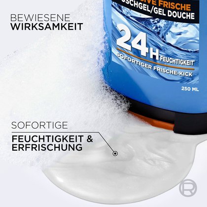 Blaue Duschgel-Textur und weißer Schaum mit dem Text „Sofortige Feuchtigkeit & Erfrischung“.