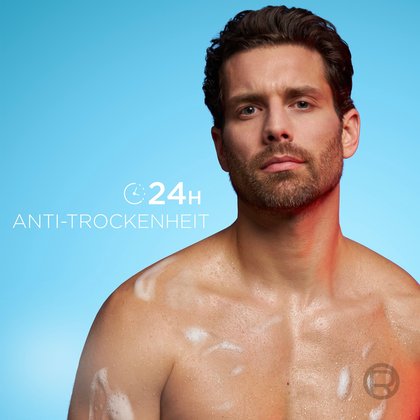 Porträt eines nassen Mannes mit dem Text „24h Anti-Trockenheit“.