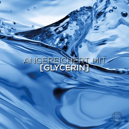 Spritzendes, klares blaues Wasser mit dem Text „Angereichert mit Glycerin“.