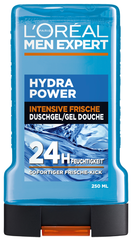 Vorderseite der blauen 250 ml Flasche des Hydra Power Duschgels.