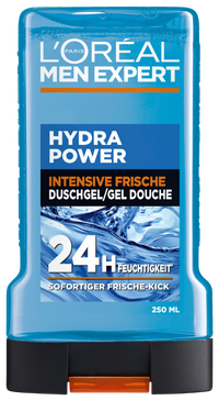 Vorderseite der blauen 250 ml Flasche des Hydra Power Duschgels.