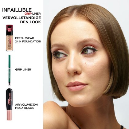 Gesicht einer jungen Frau mit Make-up und links davon unsere drei Produkte für diesen Look