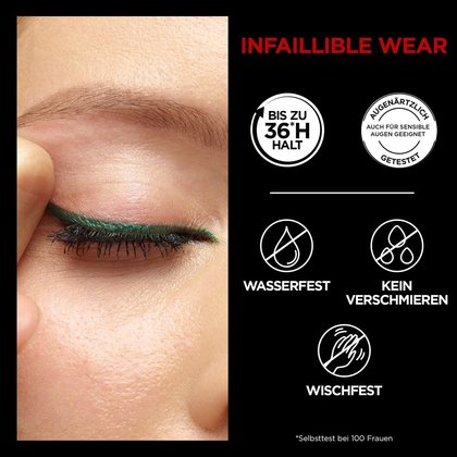 Nahaufnahme eines geschlossen Auges einer Frau mit Make-up und Produktvorteilen daneben aufgelistet