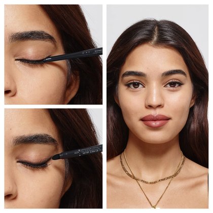 Anwendungsbeispiel des Eyeliners - drei Bilder mit Augenlidern & Gesicht einer Frau mit langen dunklen Haaren