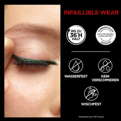 Nahaufnahme eines geschlossenen Auges einer Frau mit Make-up und Produktvorteilen daneben aufgelistet