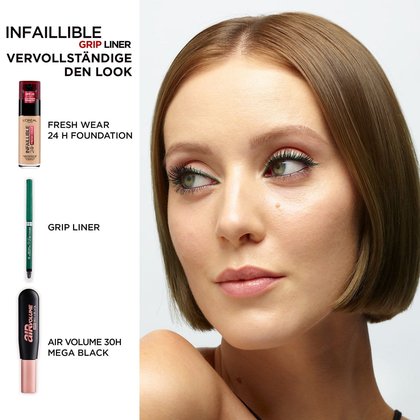 Gesicht einer jungen Frau mit Make-up und links davon unsere drei Produkte für diesen Look