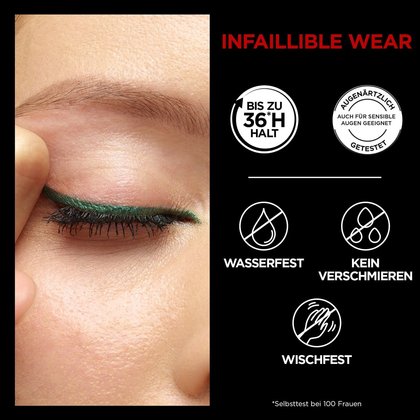 Nahaufnahme eines geschlossenen Auges einer Frau mit Make-up und Produktvorteilen daneben aufgelistet