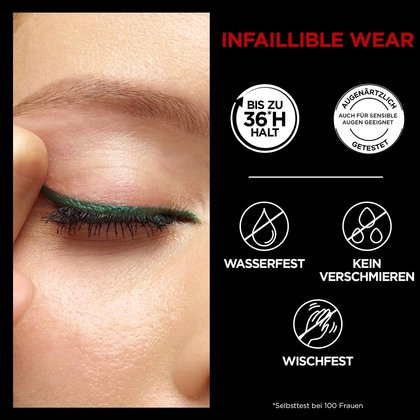 Nahaufnahme eines geschlossenen Auges einer Frau mit Make-up und Produktvorteilen daneben aufgelistet