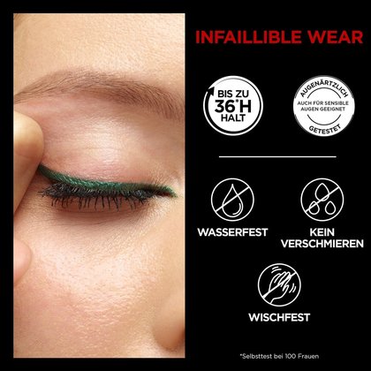 Nahaufnahme eines geschlossenen Auges einer Frau mit Make-up und Produktvorteilen daneben aufgelistet