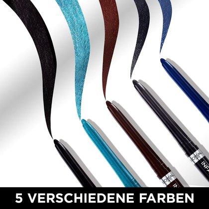 Infaillible Grip Gel Automatic Eyeliner - fünf verschiedene Farbproben auf einer weißen Fläche