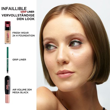 Gesicht einer jungen Frau mit Make-up und links davon unsere drei Produkte für diesen Look