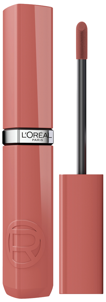 Produktbild des flüssigen L'Oréal Paris Infaillible Laque Resistance Lippenstifts. Links steht der geschlossene Lippenstift aufrecht, rechts daneben ist der herausgezogene Applikator mit der cremigen Lippenfarbe an der Spitze abgebildet.