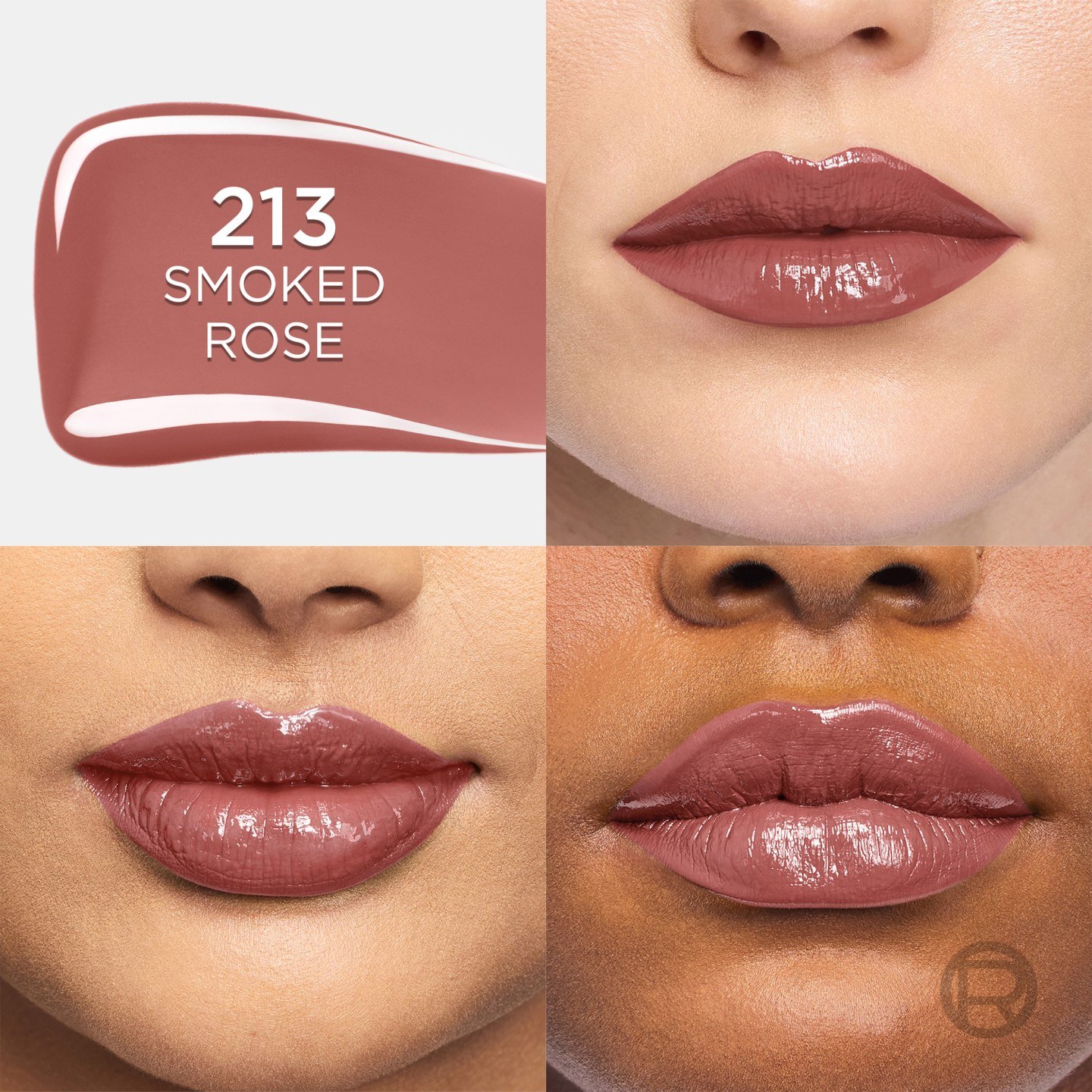 Detailansicht des Farbtons "213 SMOKED ROSE" auf drei unterschiedlichen Hauttönen. Oben links ist ein quadratischer Swatch der glänzenden Rosenholzfarbe zu sehen, daneben und darunter zeigen Nahaufnahmen von geschminkten Lippen das hochglänzende Finish auf heller, mittlerer und dunkler Haut.
