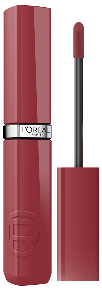Produktbild des flüssigen L'Oréal Paris Infaillible Laque Resistance Lippenstifts. Links steht der geschlossene Lippenstift aufrecht, rechts daneben ist der herausgezogene Applikator mit der cremigen Lippenfarbe an der Spitze abgebildet.