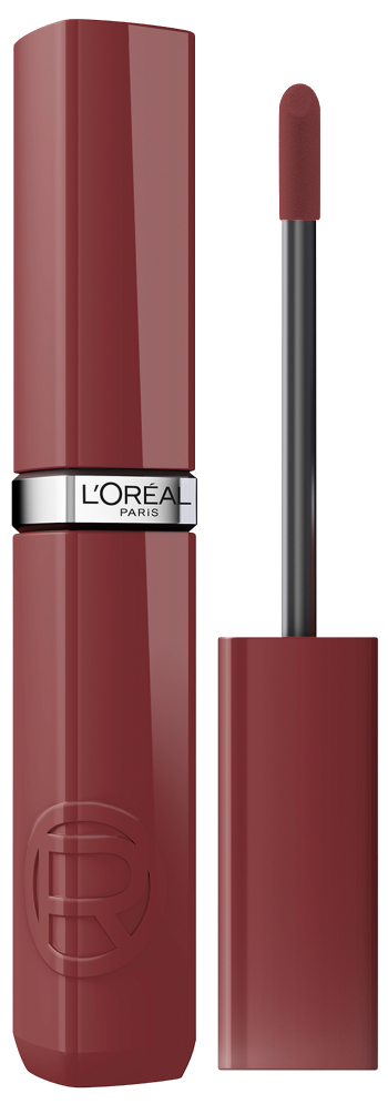 Produktbild des flüssigen L'Oréal Paris Infaillible Laque Resistance Lippenstifts. Links steht der geschlossene Lippenstift aufrecht, rechts daneben ist der herausgezogene Applikator mit der cremigen Lippenfarbe an der Spitze abgebildet.