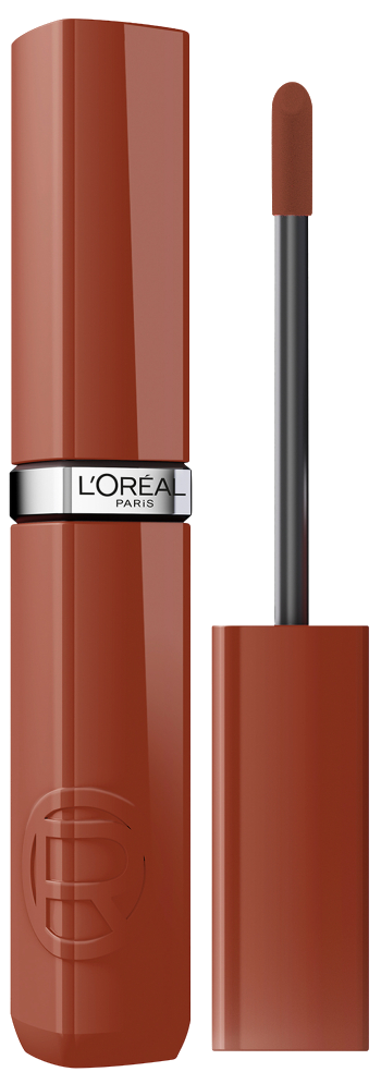 Produktbild des flüssigen L'Oréal Paris Infaillible Laque Resistance Lippenstifts. Links steht der geschlossene Lippenstift aufrecht, rechts daneben ist der herausgezogene Applikator mit der cremigen Lippenfarbe an der Spitze abgebildet.
