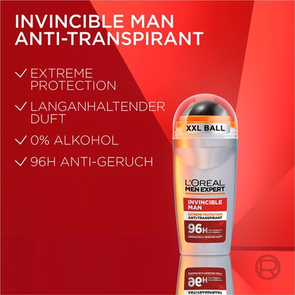 Invincible Man Deoroller mit aufgelisteten Produkteigenschaften vor rotem Hintergrund.
