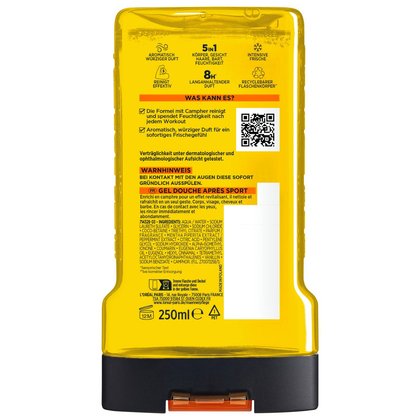 Rückseite der Invincible Sport 250 ml Duschgelflasche mit Produktinfos und Inhaltsstoffen.