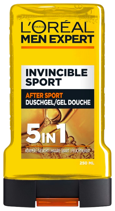 Vorderseite der gelben 250 ml Flasche des L'Oréal Men Expert Invincible Sport After Sport Duschgels.